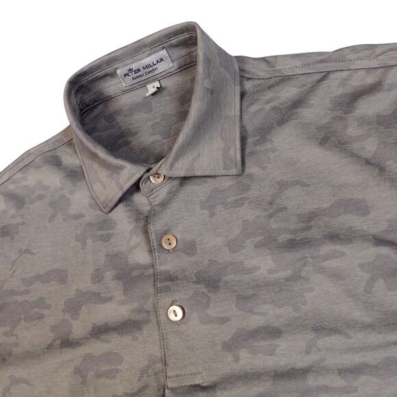 Peter Millar Summer Comfort Camo Gray Mens Golf Polo Shirt Bear Lakes Logo Small - Picture 1 of 7